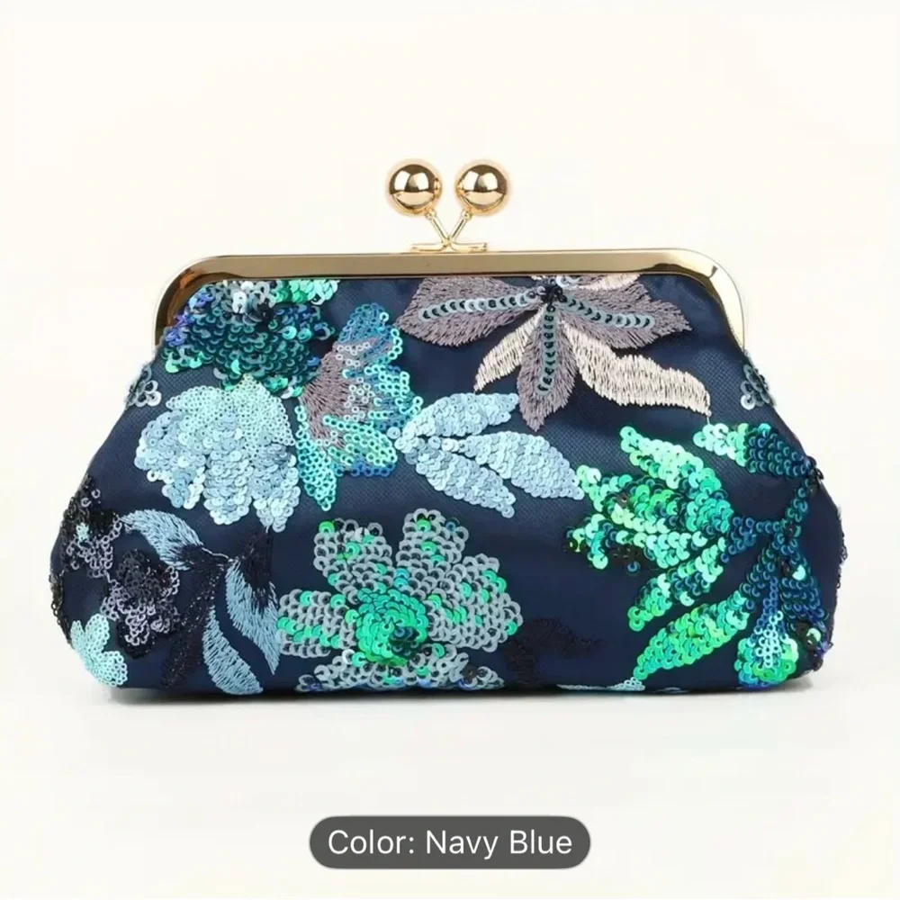 Navy Blue Sequin Floral Evening Clutch - Picture 1 of 6
